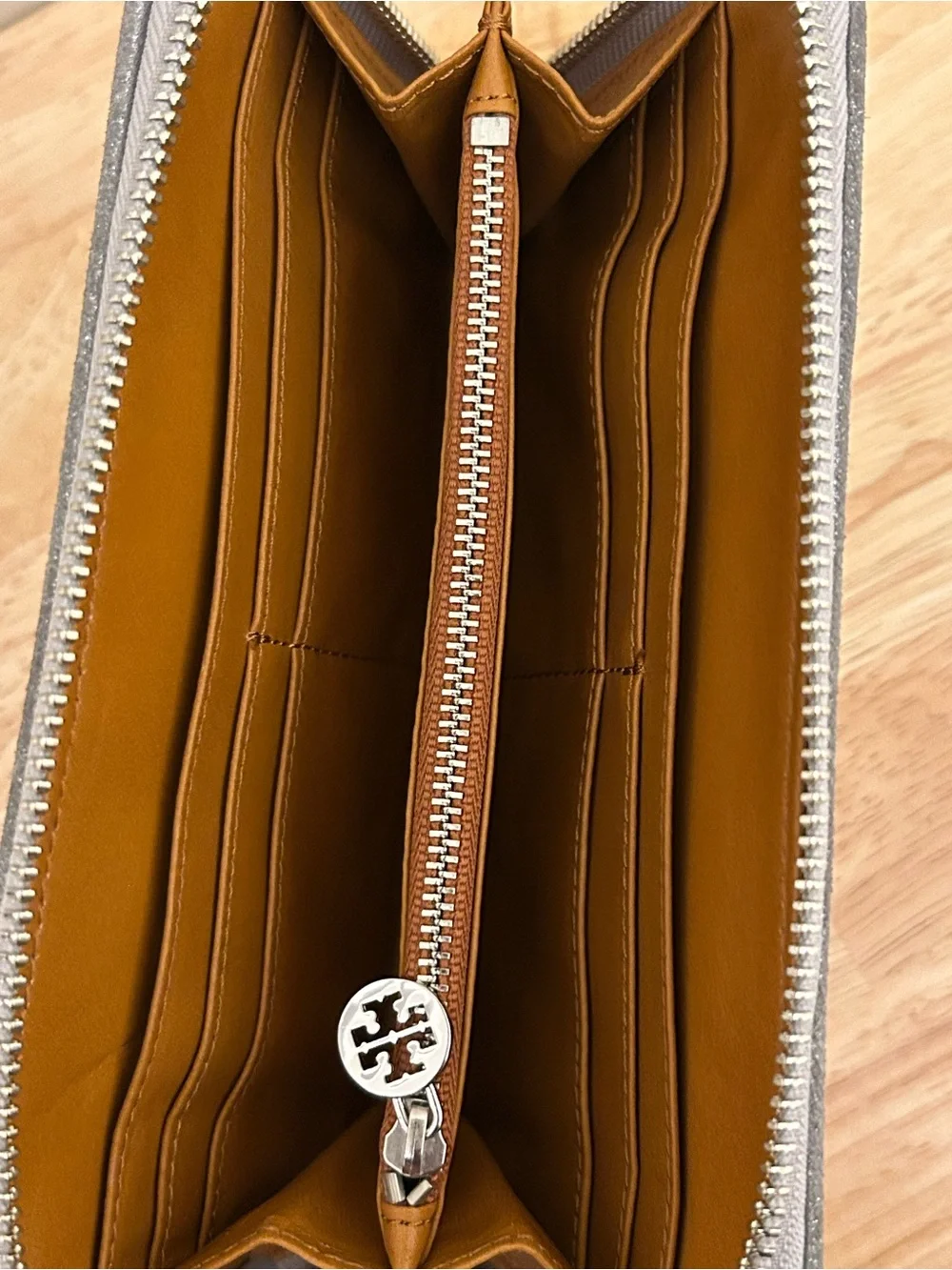 Tory Burch Silver Metallic Logo Zip Wallet